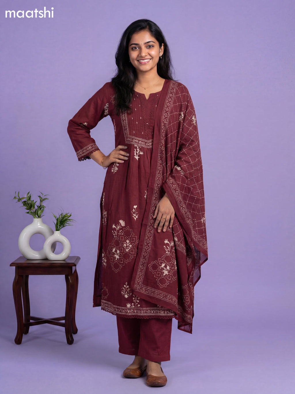 Deep Maroon Cotton Printed & Simple Embroidery Work A-Line Suit Straight Cut Pant