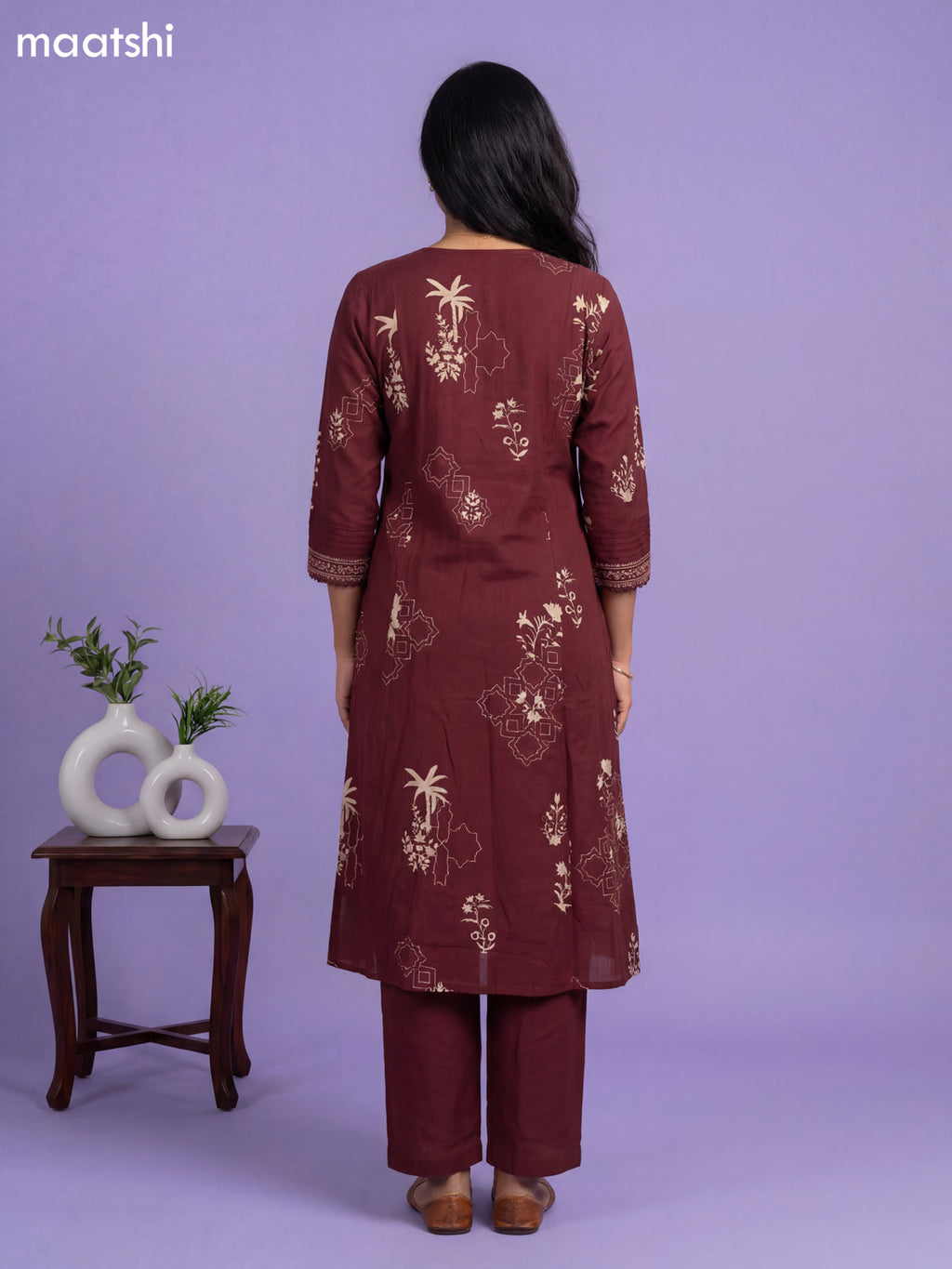 Deep Maroon Cotton Printed & Simple Embroidery Work A-Line Suit Straight Cut Pant