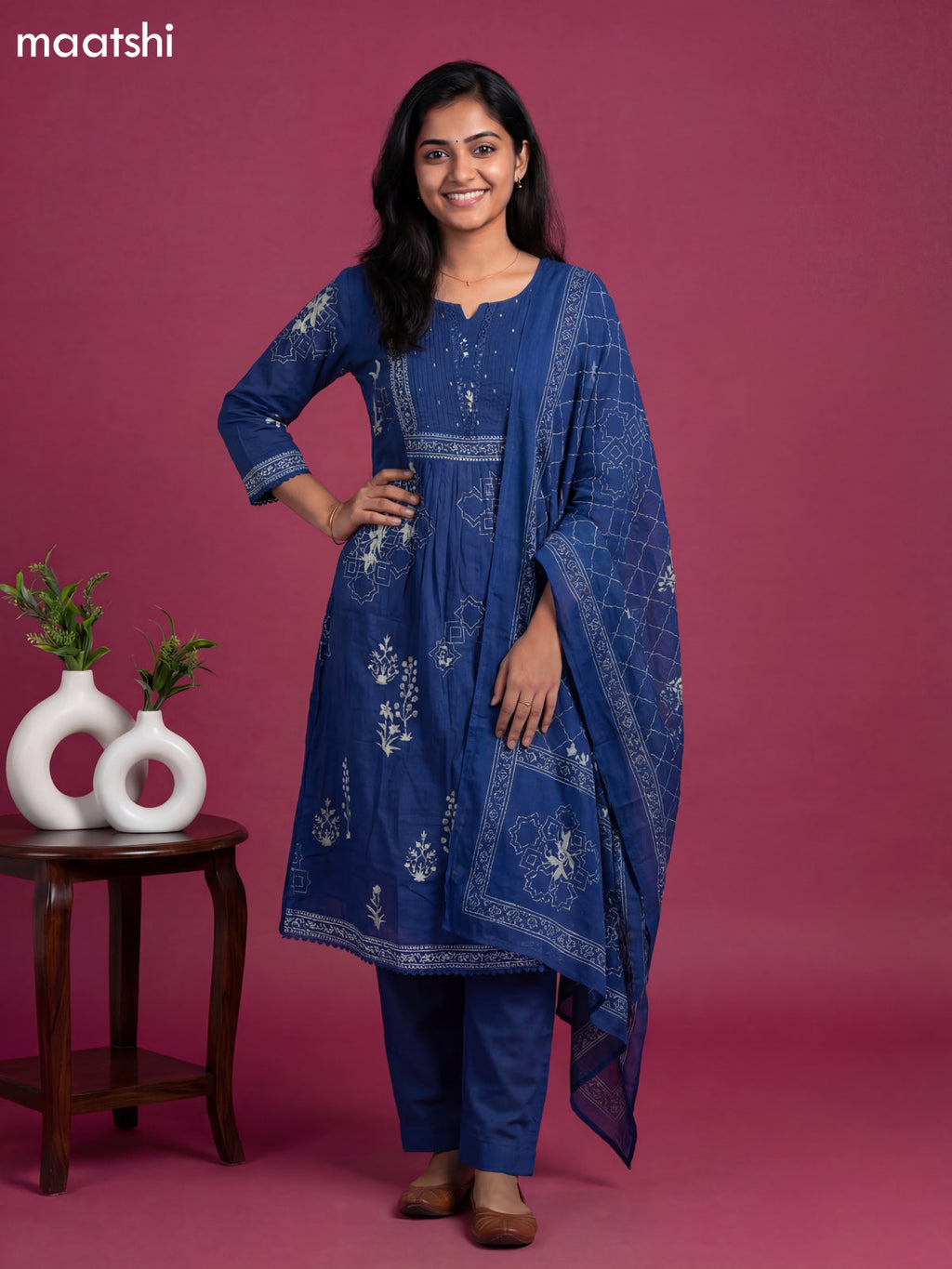 Blue Cotton Printed & Simple Embroidery Work A-Line Suit Straight Cut Pant