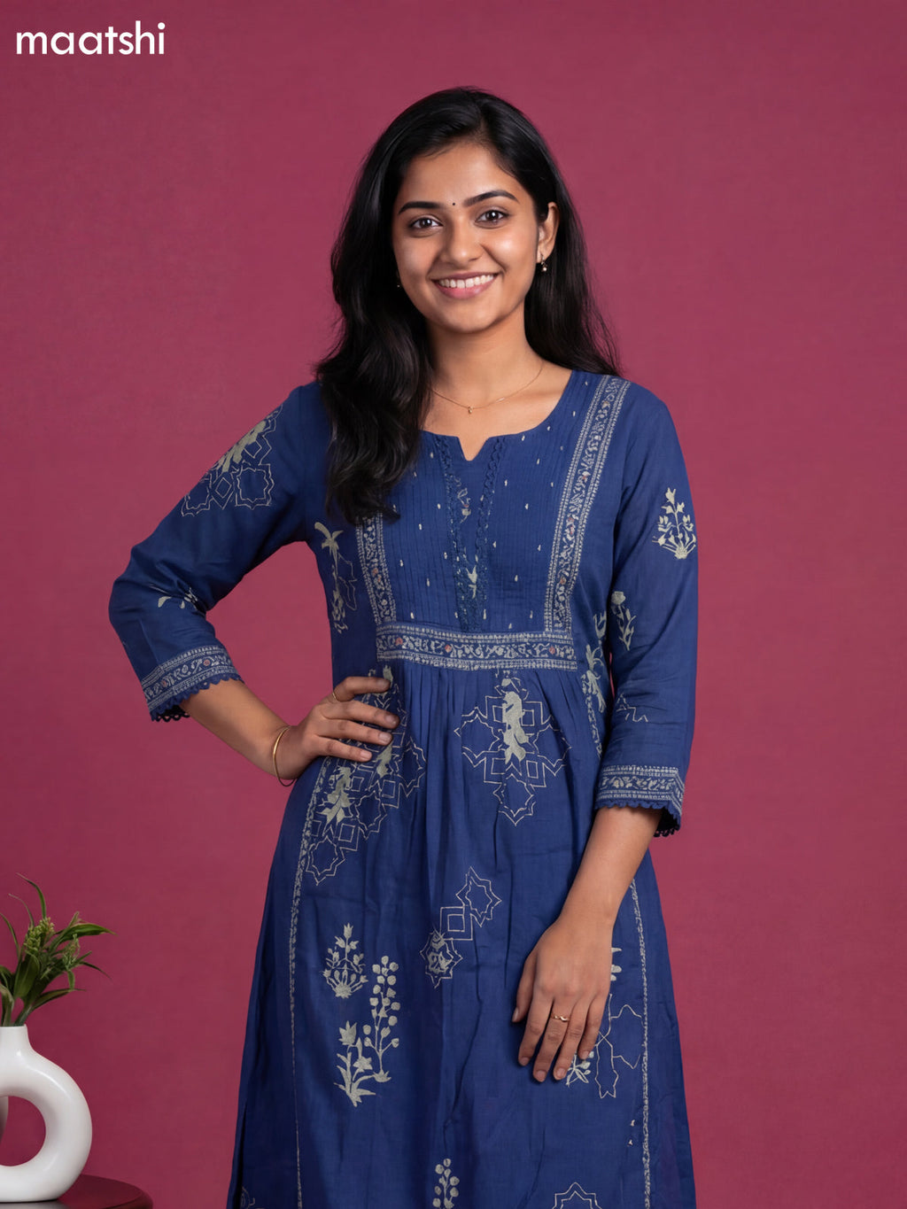 Blue Cotton Printed & Simple Embroidery Work A-Line Suit Straight Cut Pant