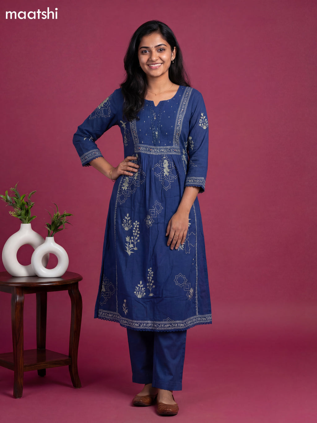Blue Cotton Printed & Simple Embroidery Work A-Line Suit Straight Cut Pant