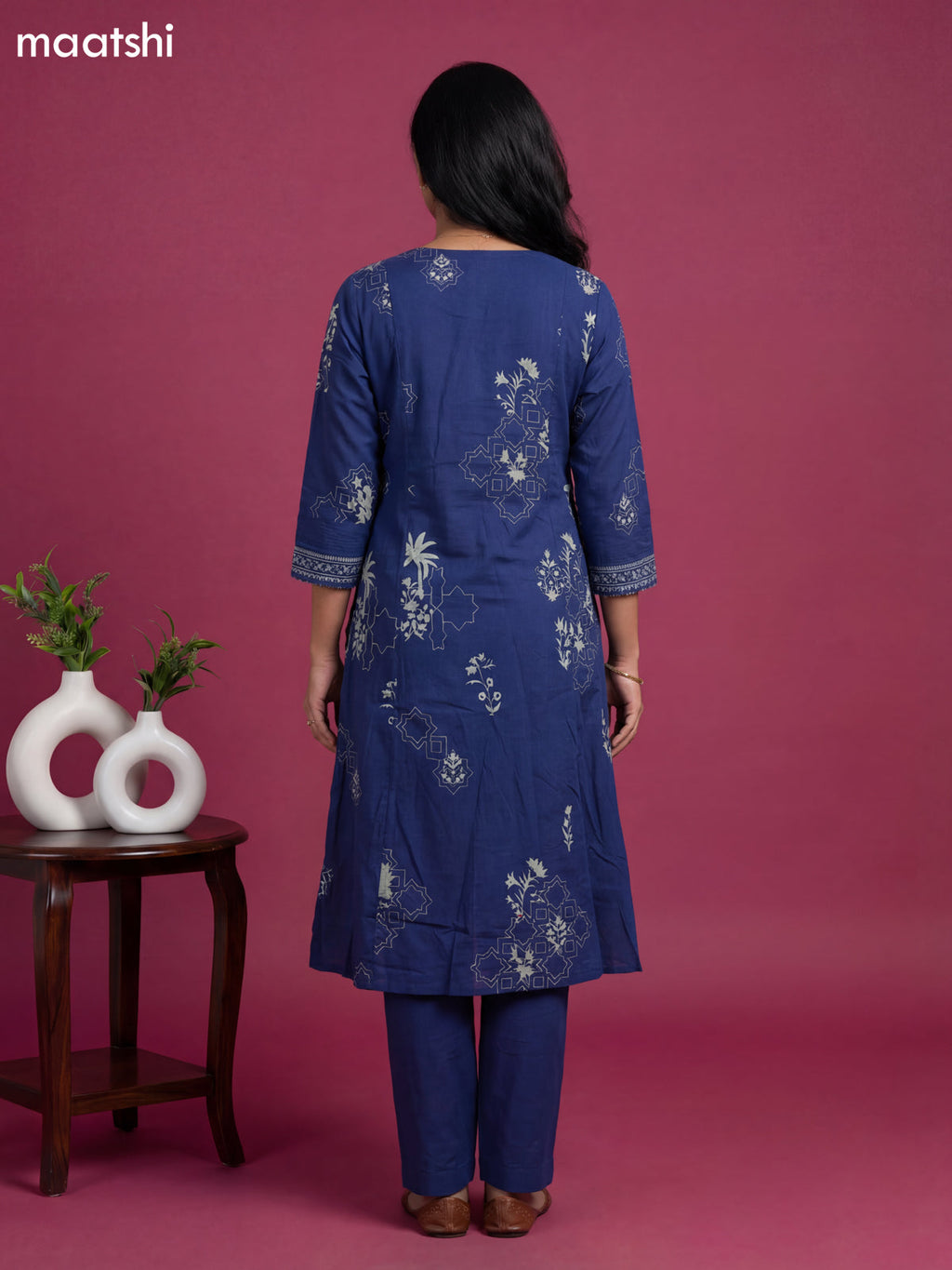 Blue Cotton Printed & Simple Embroidery Work A-Line Suit Straight Cut Pant