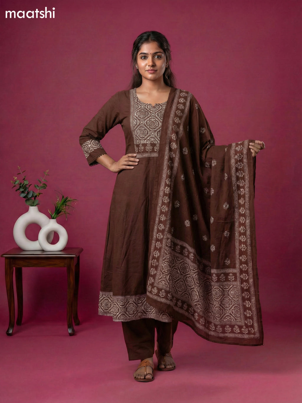 Dark Brown Cotton Printed & Simple Embroidery Work Anarkali Suit