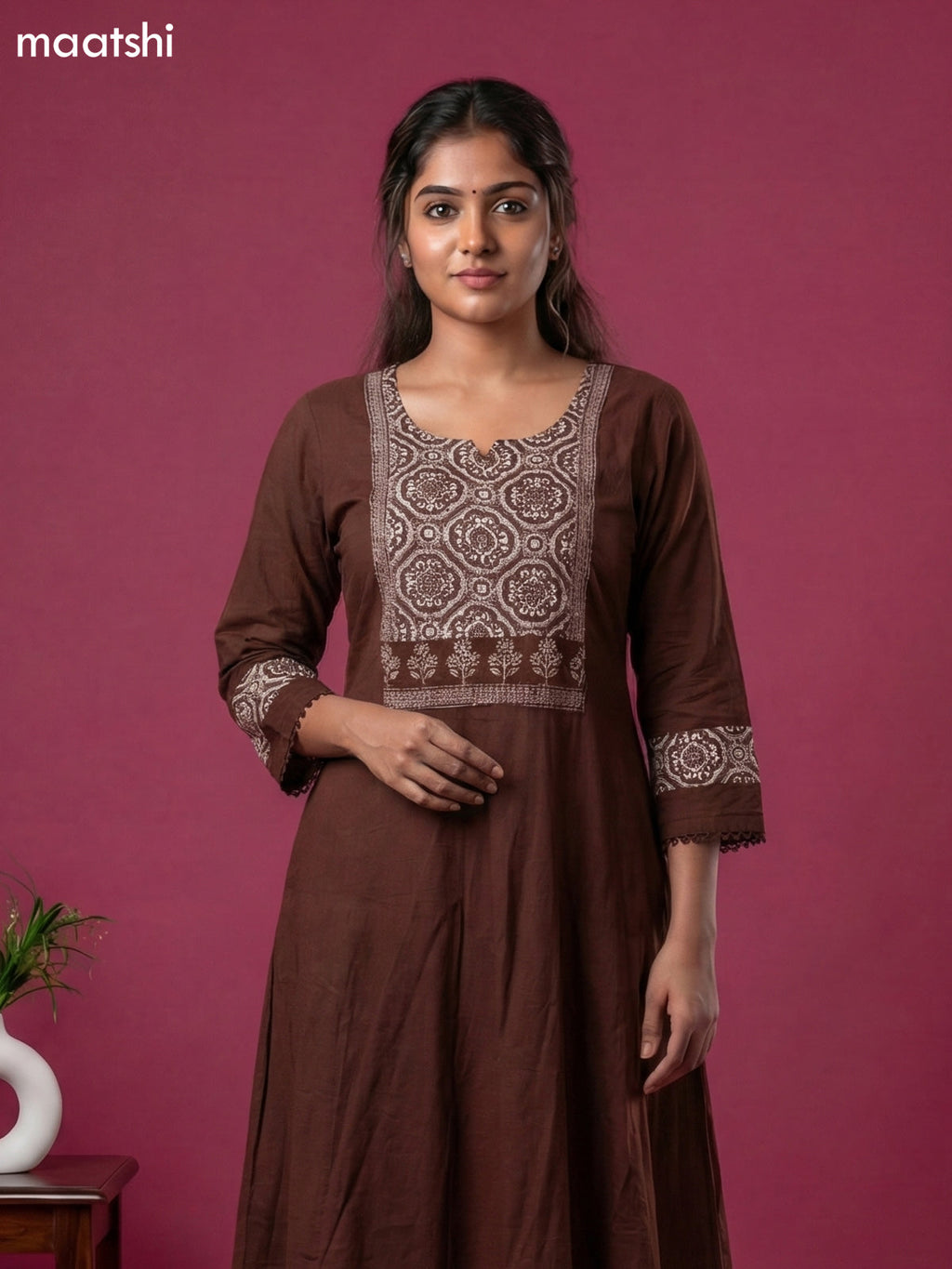 Dark Brown Cotton Printed & Simple Embroidery Work Anarkali Suit
