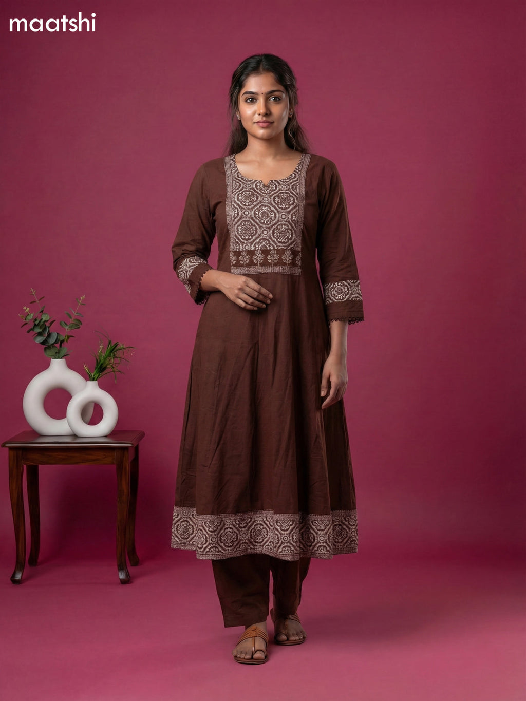 Dark Brown Cotton Printed & Simple Embroidery Work Anarkali Suit