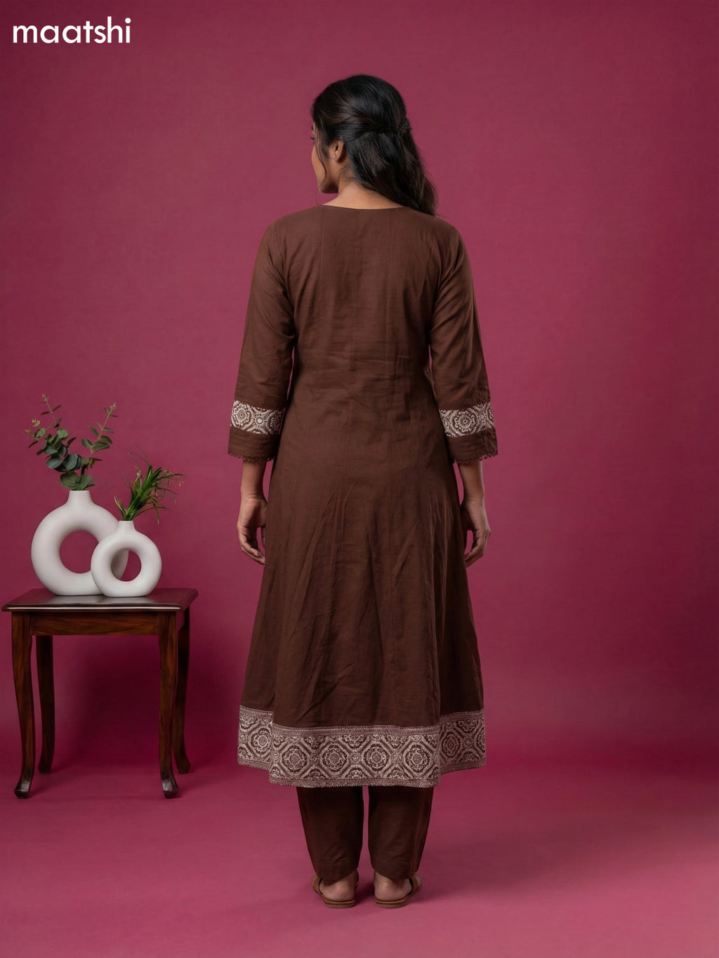 Dark Brown Cotton Printed & Simple Embroidery Work Anarkali Suit