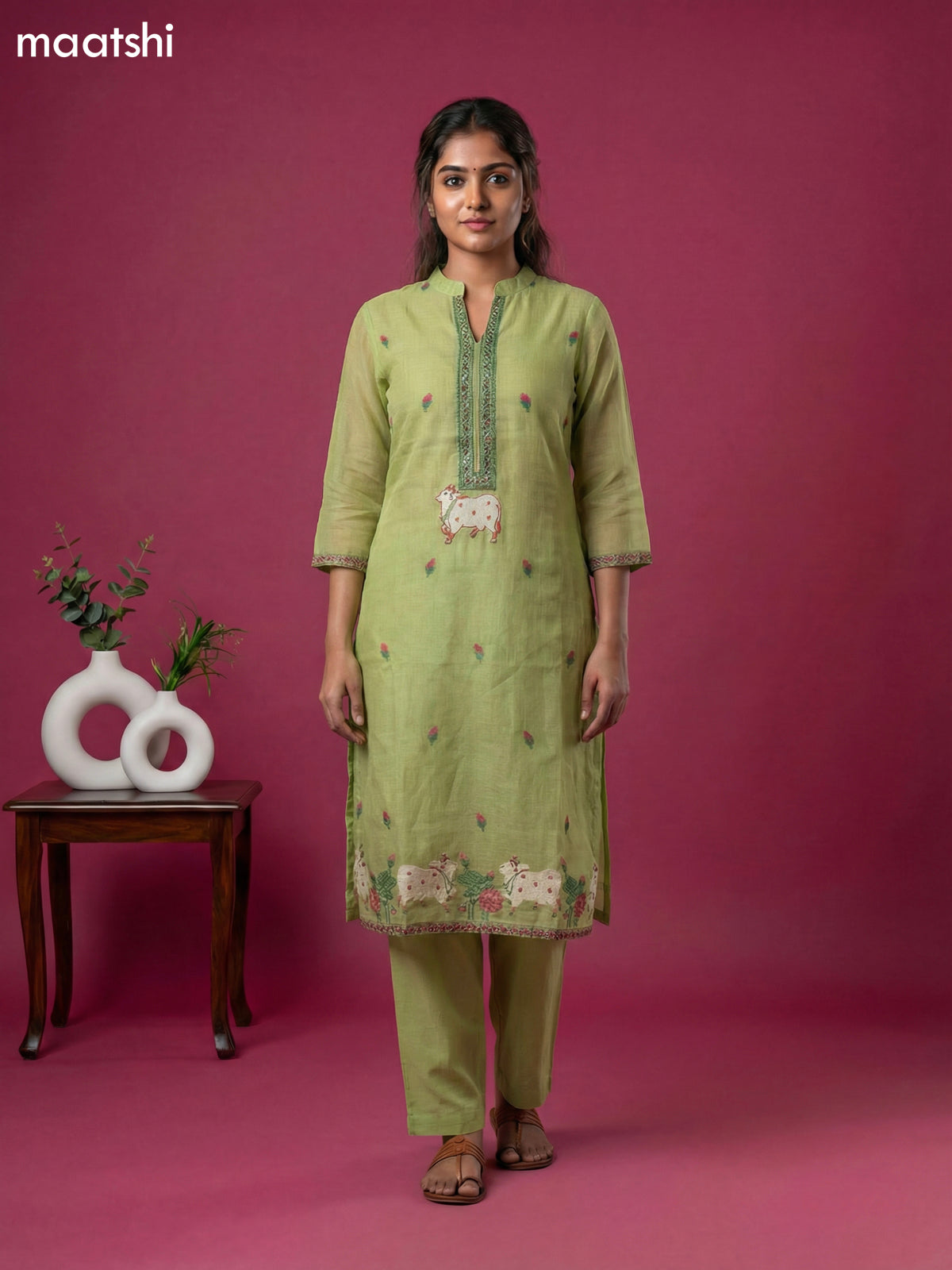 Light Green Chanderi Buttas & Pichwai Embroidery Work Straight Suit