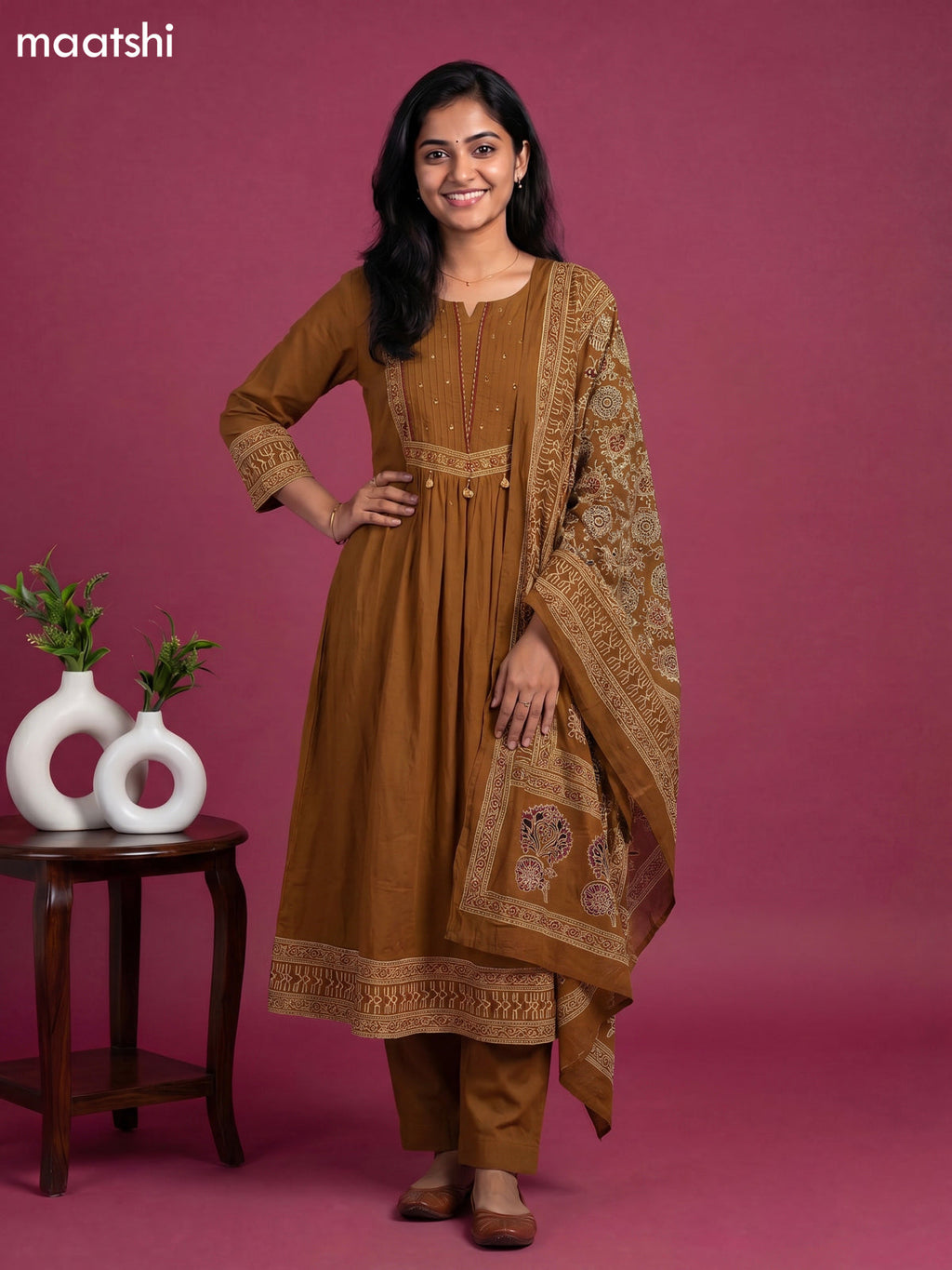Mustard Shade Cotton Simple Embroidery Work A-Line Suit