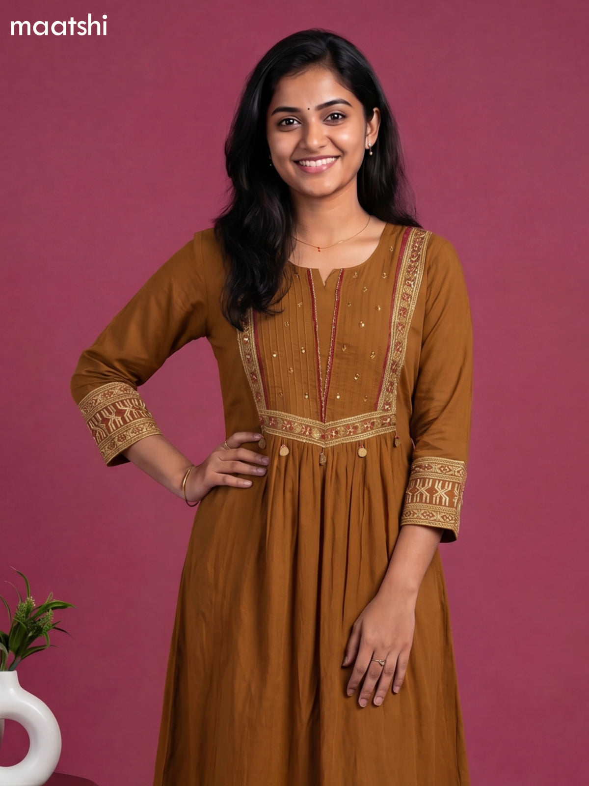 Mustard Shade Cotton Simple Embroidery Work A-Line Suit
