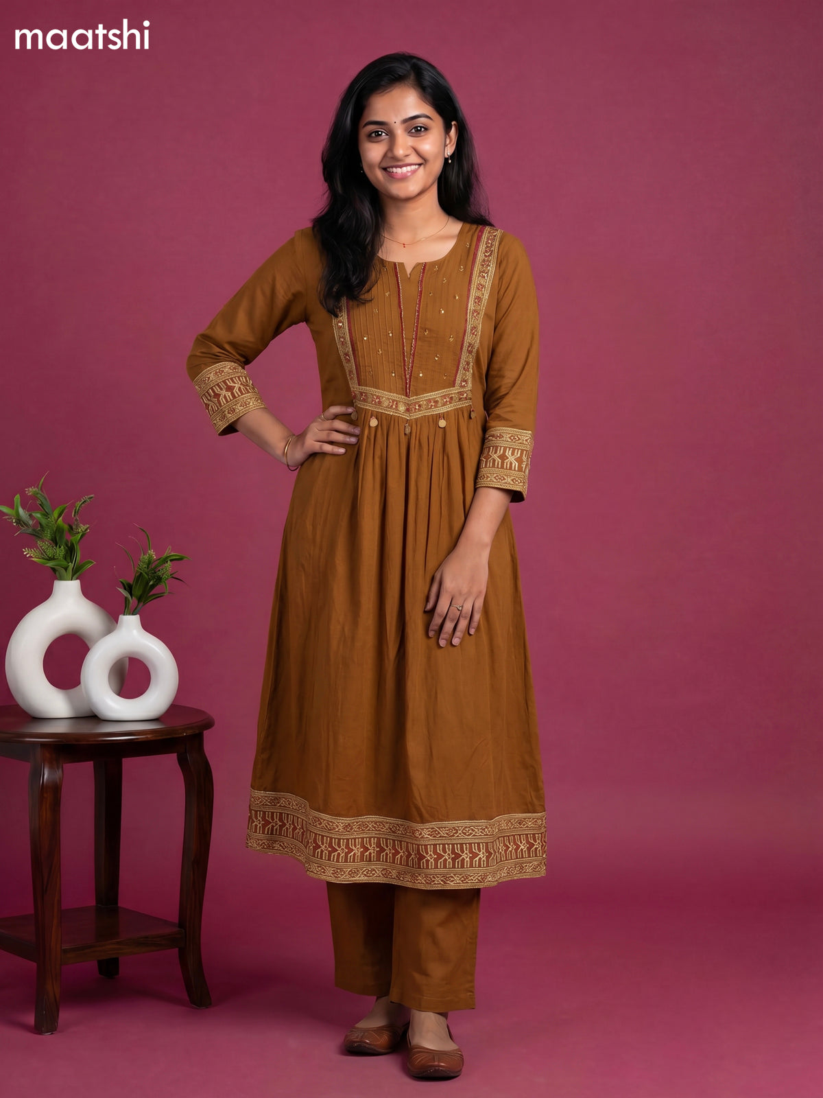 Mustard Shade Cotton Simple Embroidery Work A-Line Suit