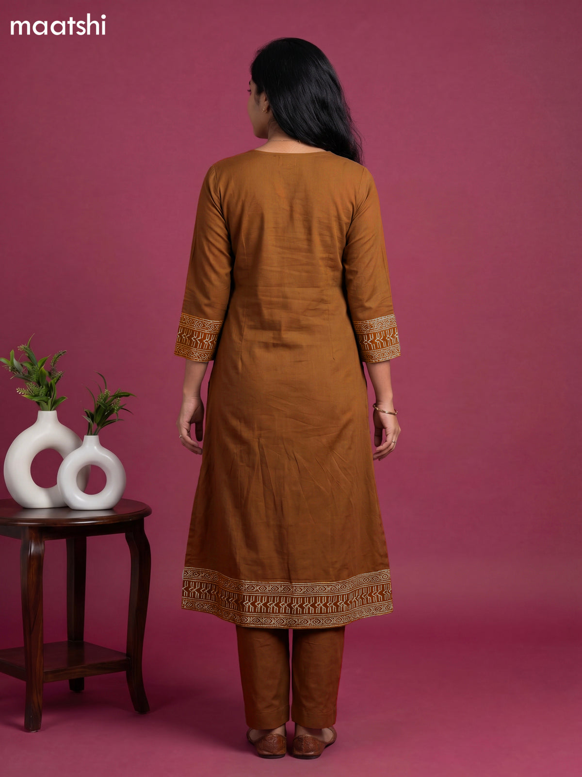 Mustard Shade Cotton Simple Embroidery Work A-Line Suit