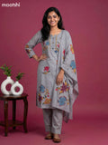 Grey Modal Floral Printed & Embroidery Work Straight Suit