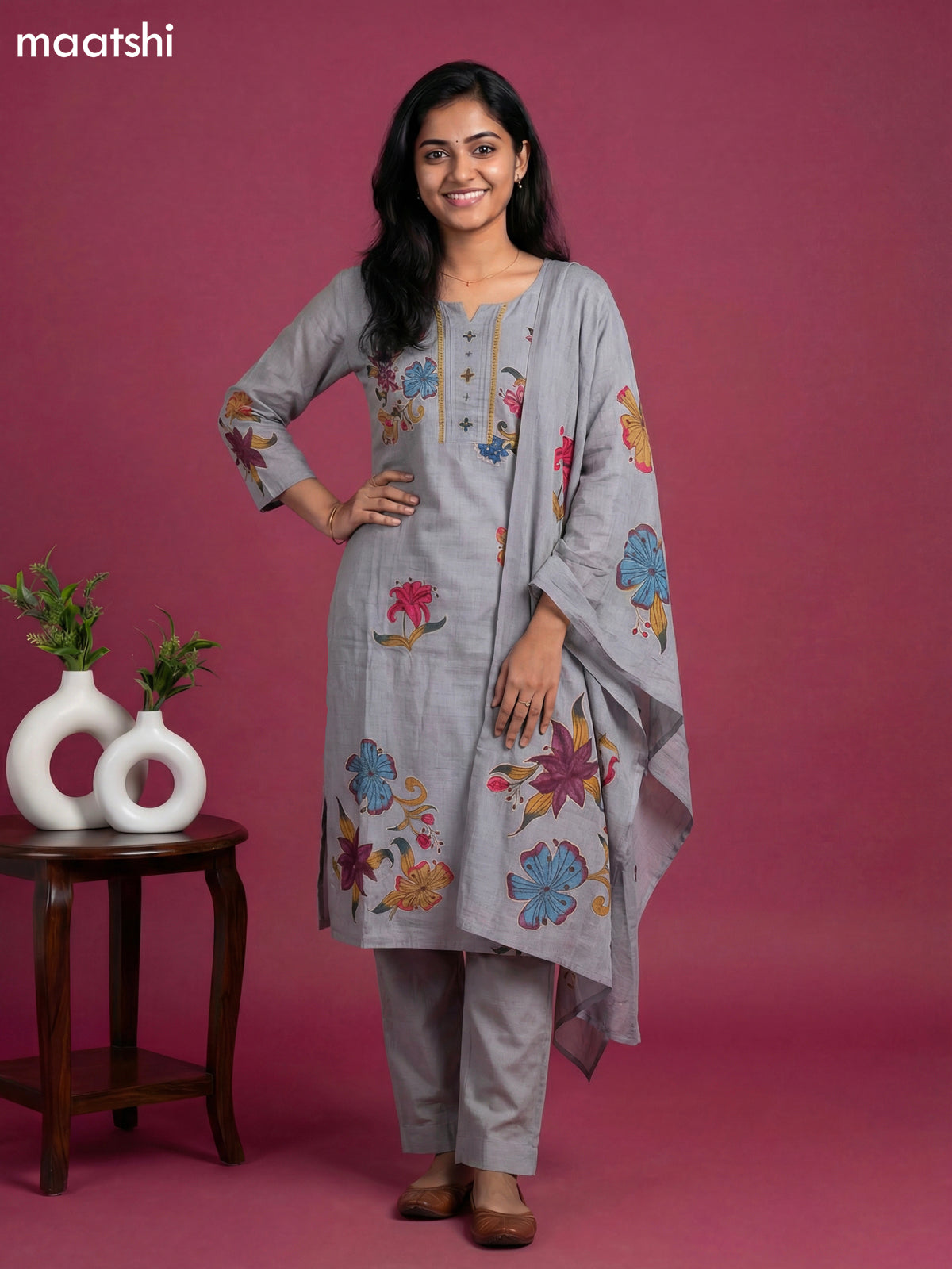 Grey Modal Floral Printed & Embroidery Work Straight Suit