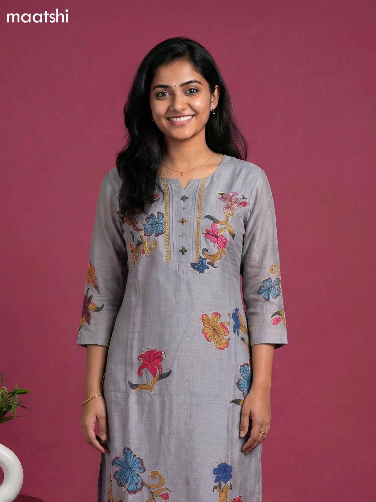 Grey Modal Floral Printed & Embroidery Work Straight Suit