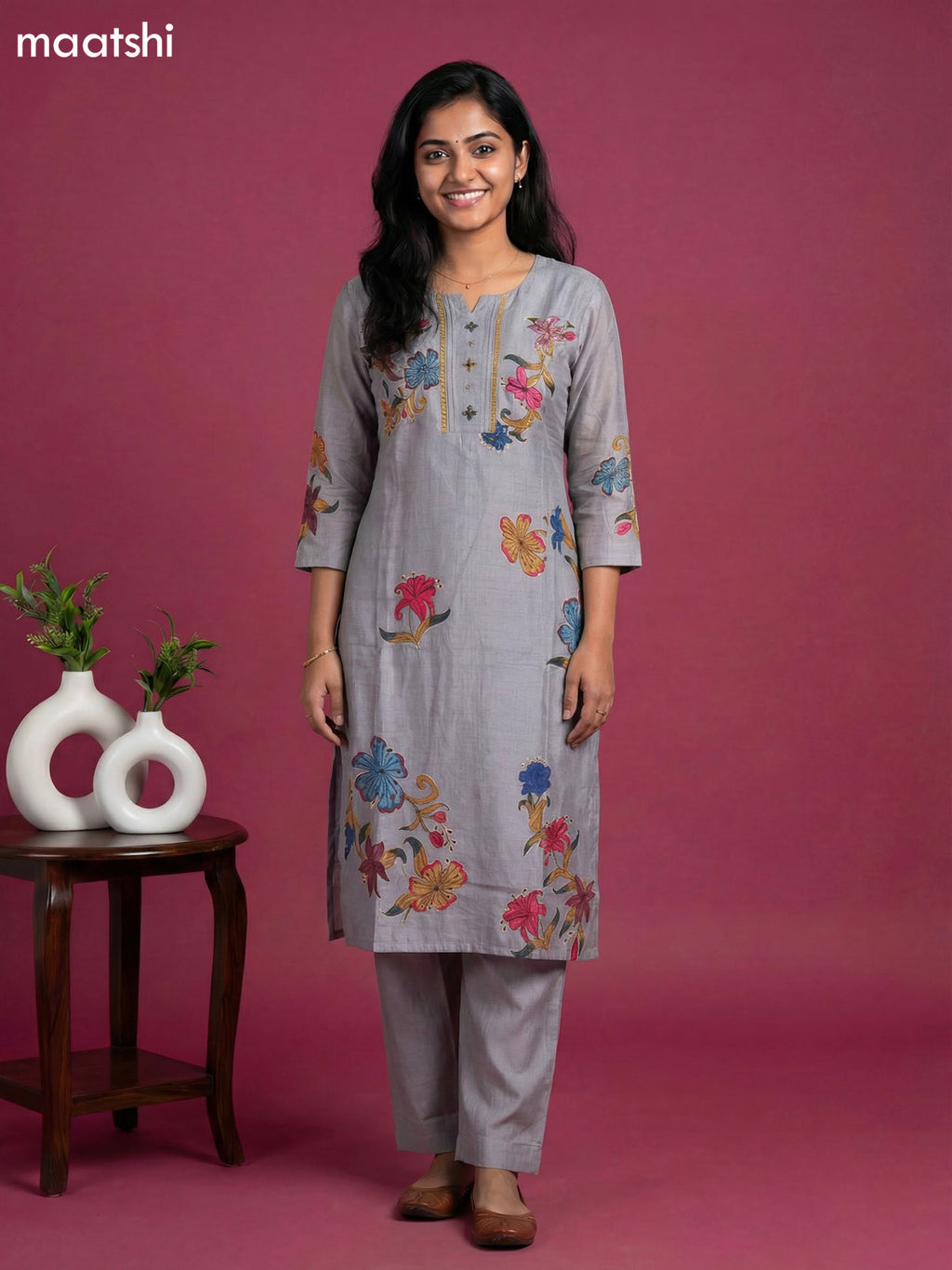 Grey Modal Floral Printed & Embroidery Work Straight Suit