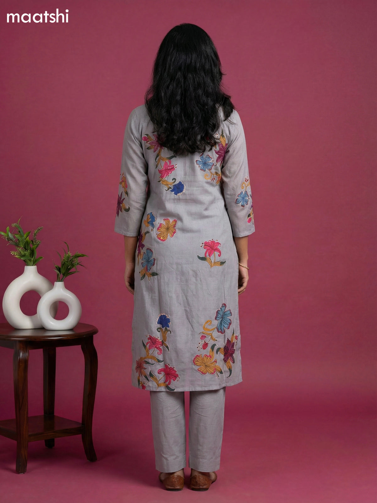 Grey Modal Floral Printed & Embroidery Work Straight Suit