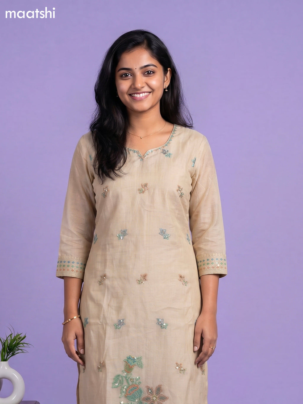 Beige Chanderi Floral Printed & Embroidery Work Straight Suit