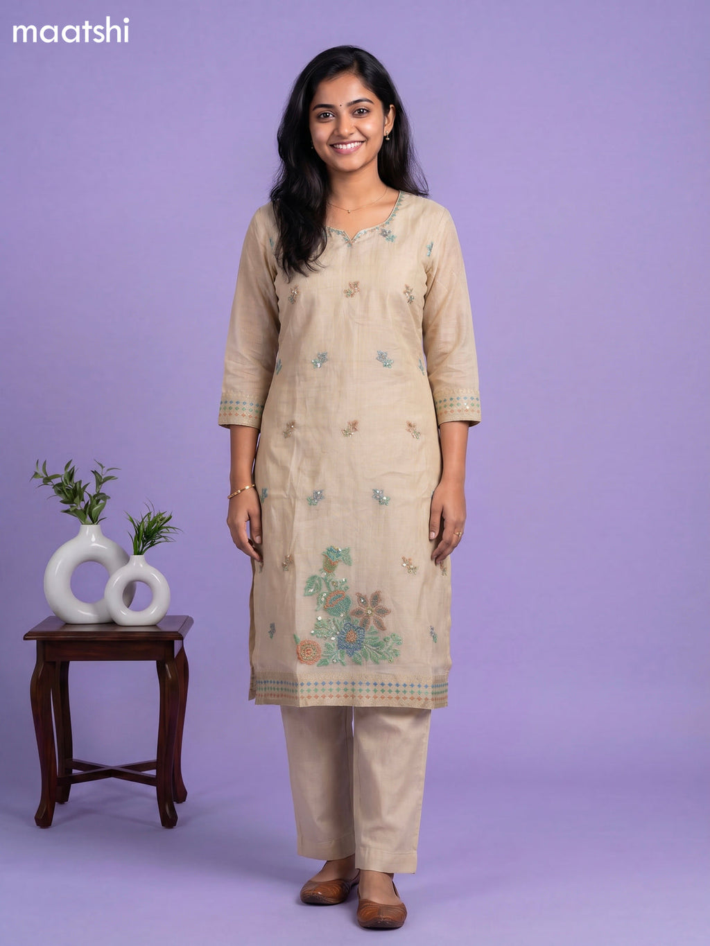 Beige Chanderi Floral Printed & Embroidery Work Straight Suit