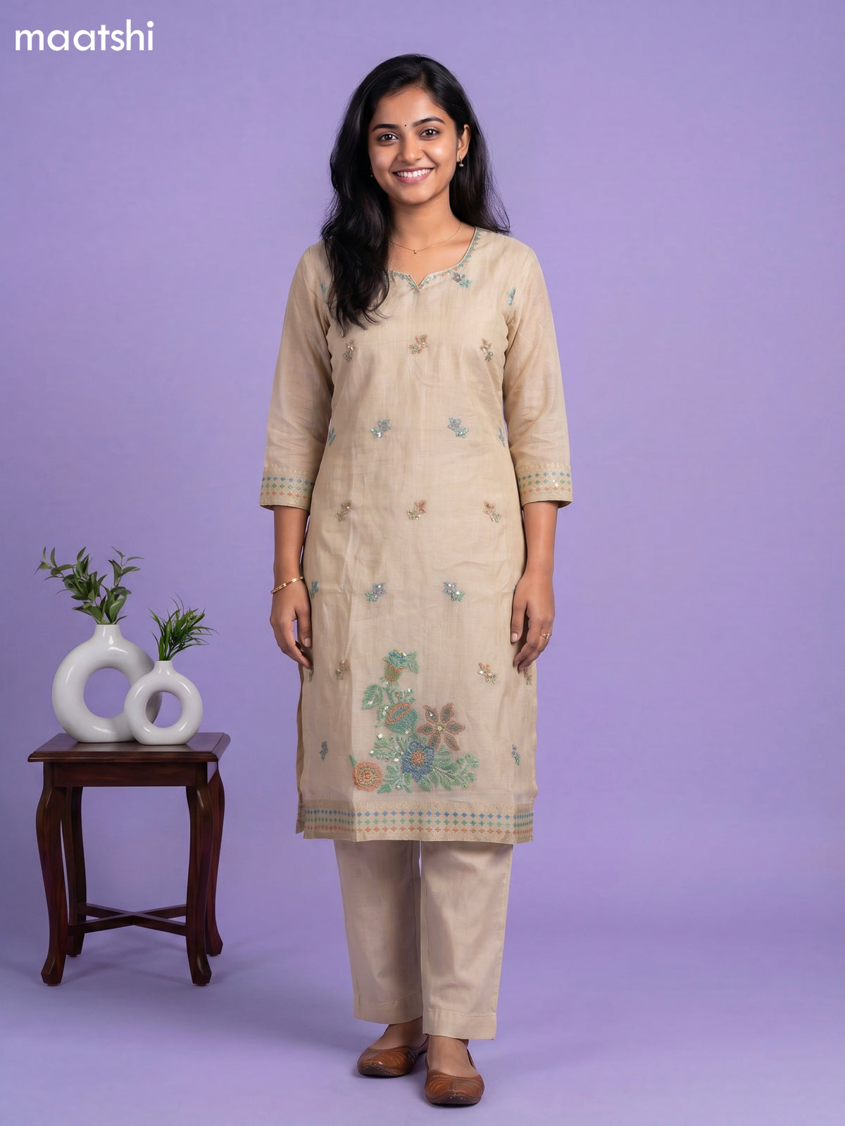 Beige Chanderi Floral Printed & Embroidery Work Straight Suit
