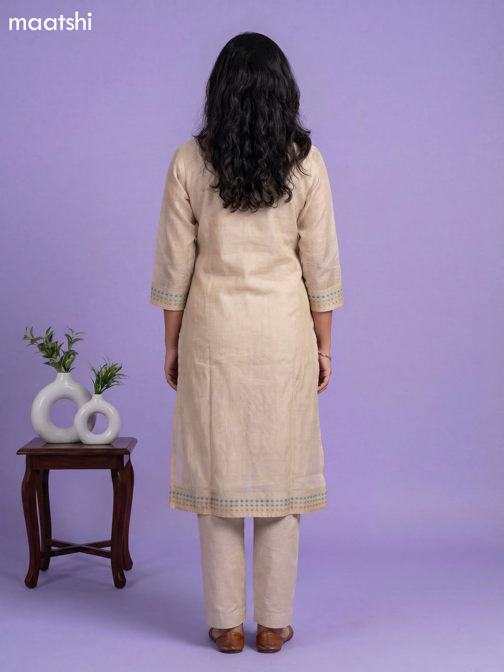 Beige Chanderi Floral Printed & Embroidery Work Straight Suit