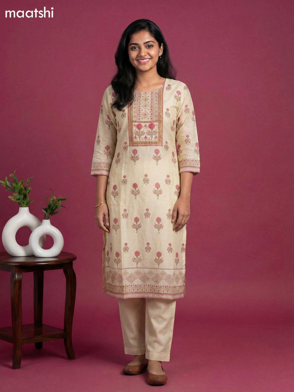 Pastel Yellow Chanderi Embroidery Work Straight Suit