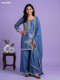 Greyish Blue Chinnon Silk Embroidery Work Short Straight Suit