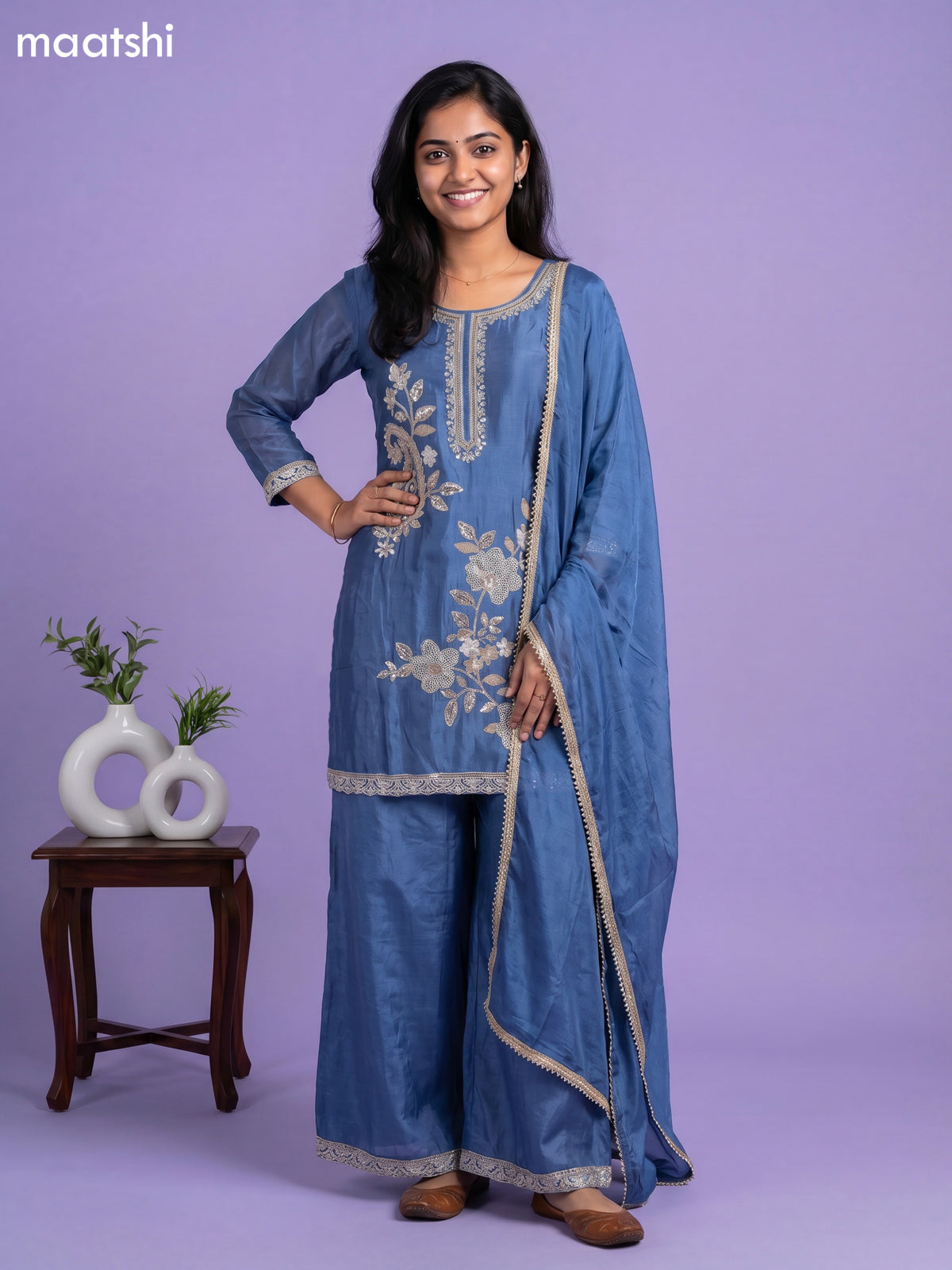 Greyish Blue Chinnon Silk Embroidery Work Short Straight Suit