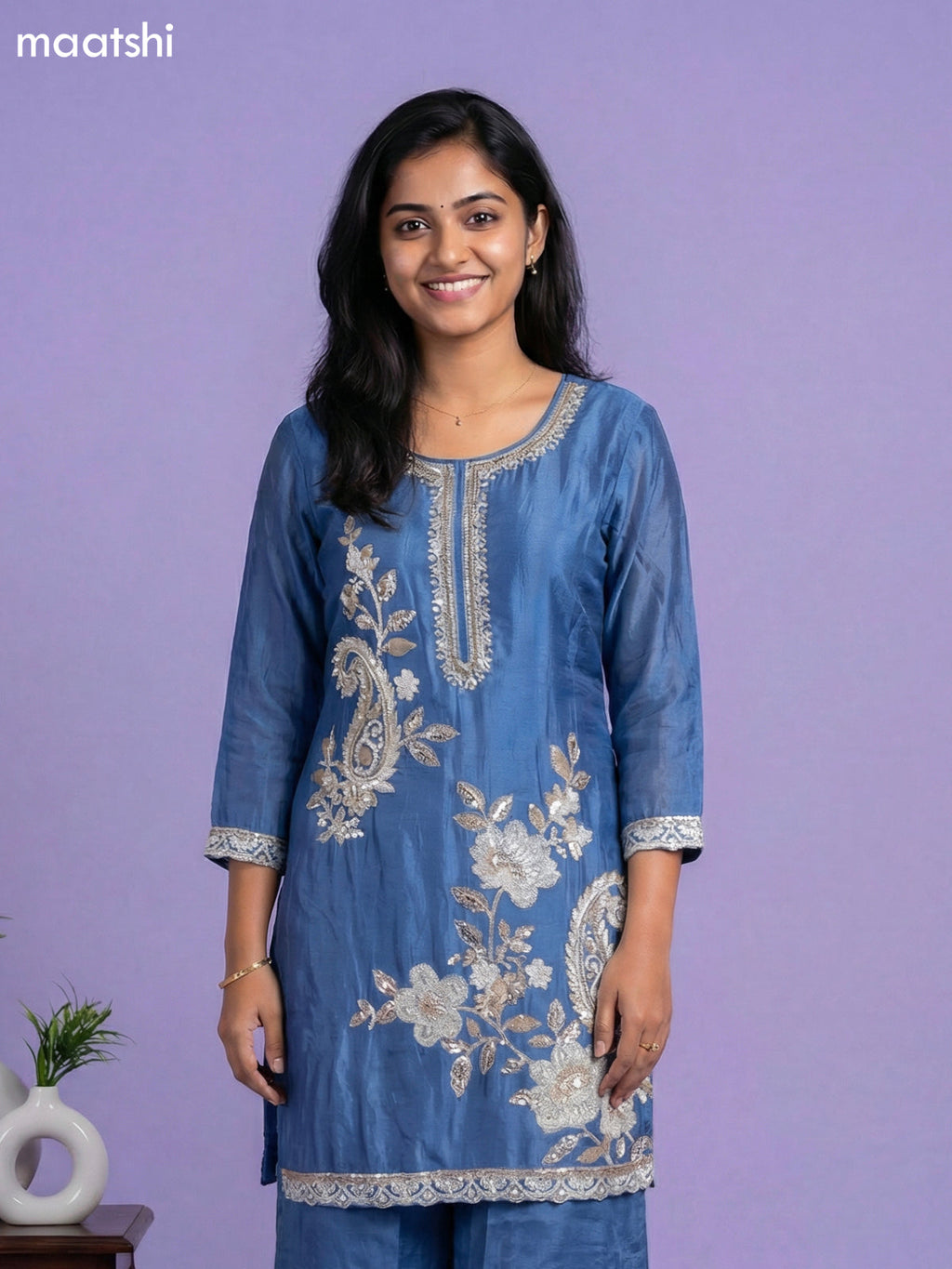 Greyish Blue Chinnon Silk Embroidery Work Short Straight Suit