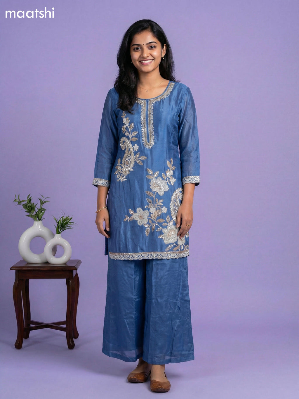 Greyish Blue Chinnon Silk Embroidery Work Short Straight Suit
