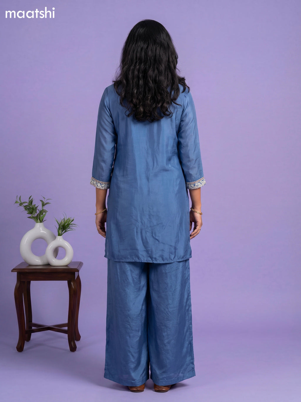 Greyish Blue Chinnon Silk Embroidery Work Short Straight Suit