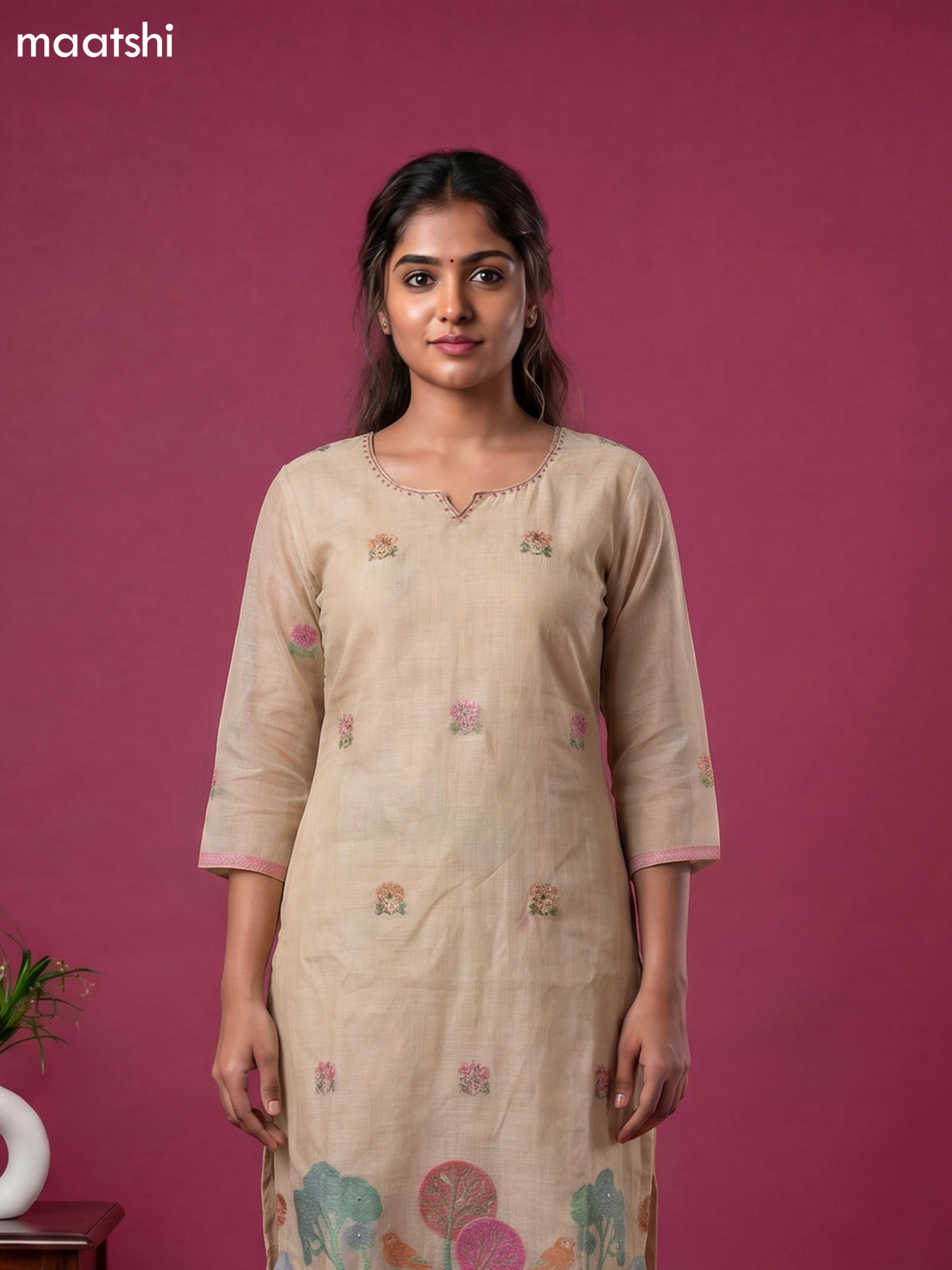 Beige Chanderi Zari Buttas & Embroidery Work Straight Suit