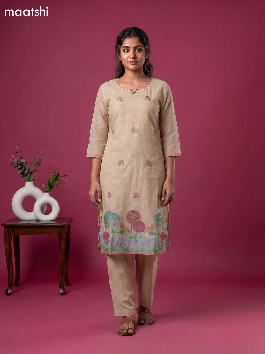 Beige Chanderi Zari Buttas & Embroidery Work Straight Suit