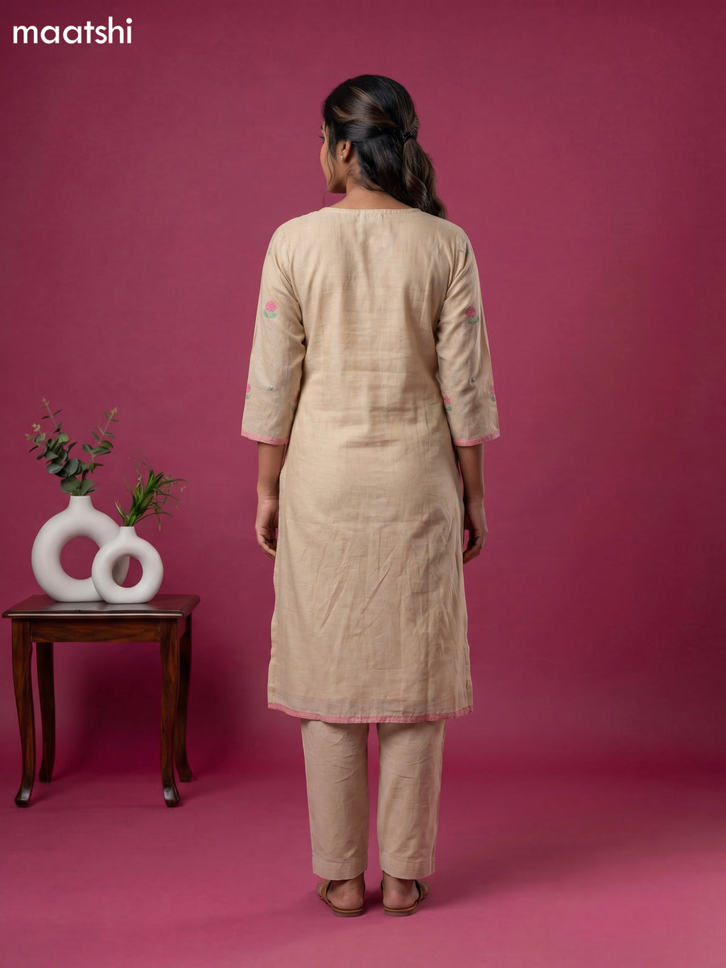Beige Chanderi Zari Buttas & Embroidery Work Straight Suit