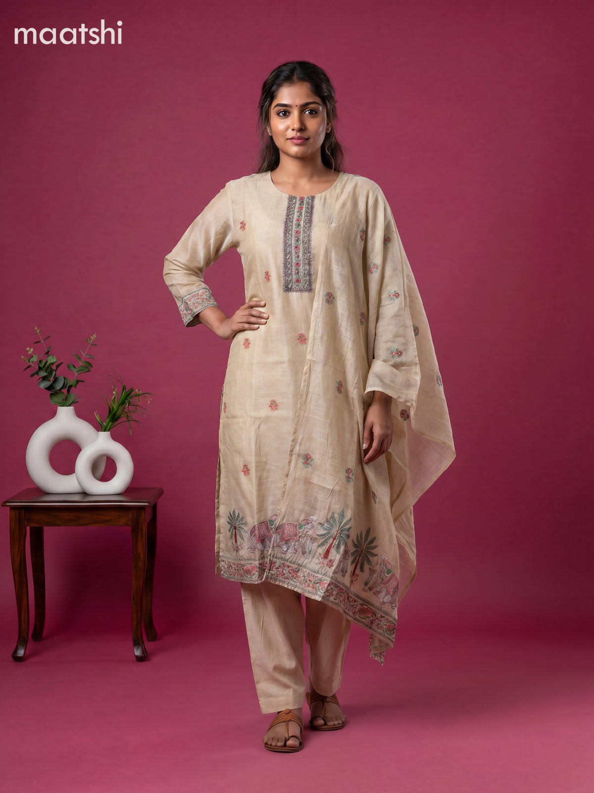 Beige Chanderi Embroidery Work Straight Suit
