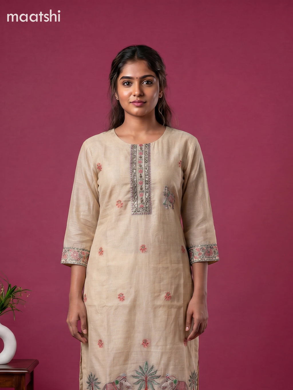 Beige Chanderi Embroidery Work Straight Suit