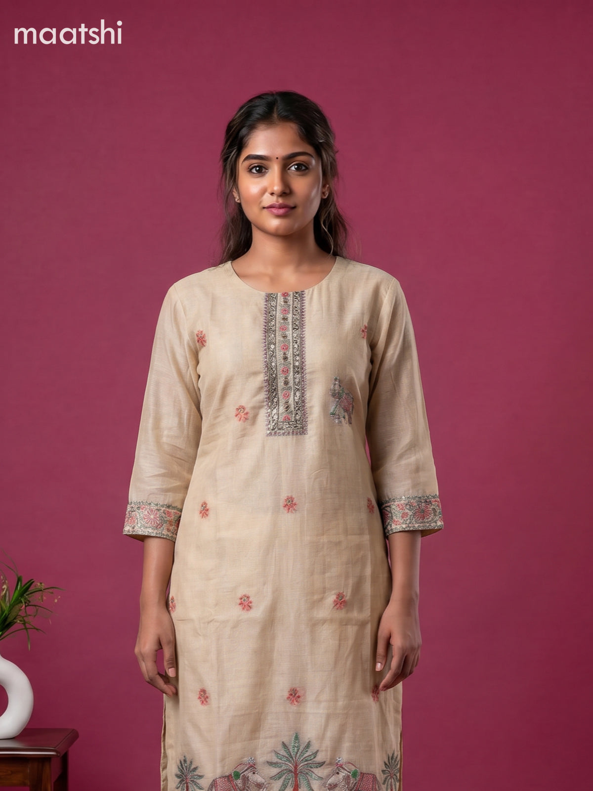 Beige Chanderi Embroidery Work Straight Suit