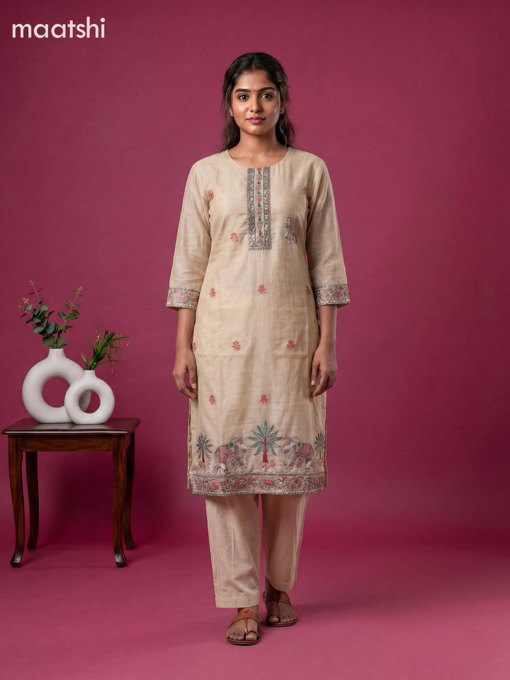 Beige Chanderi Embroidery Work Straight Suit
