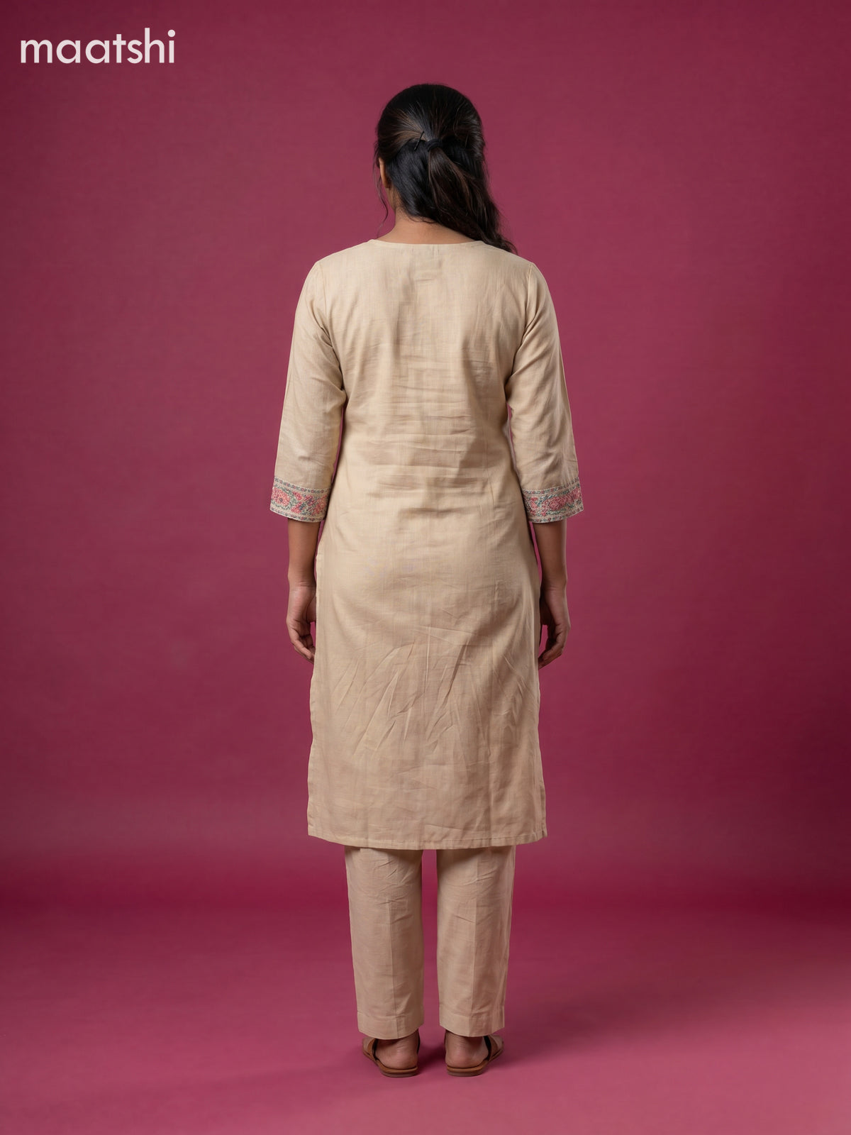 Beige Chanderi Embroidery Work Straight Suit