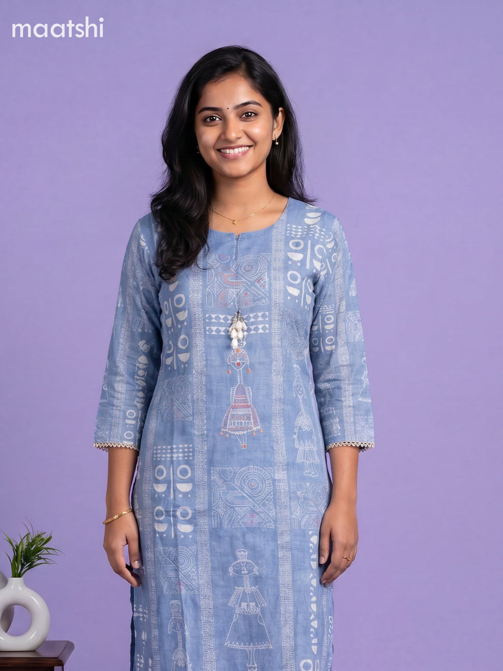 Blue Semi Tussar Printed & Embroidery Work Staright Suit