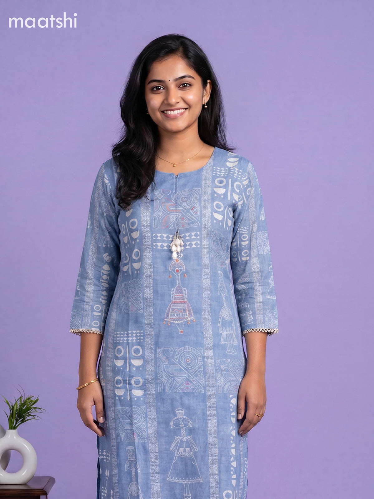 Blue Semi Tussar Printed & Embroidery Work Staright Suit
