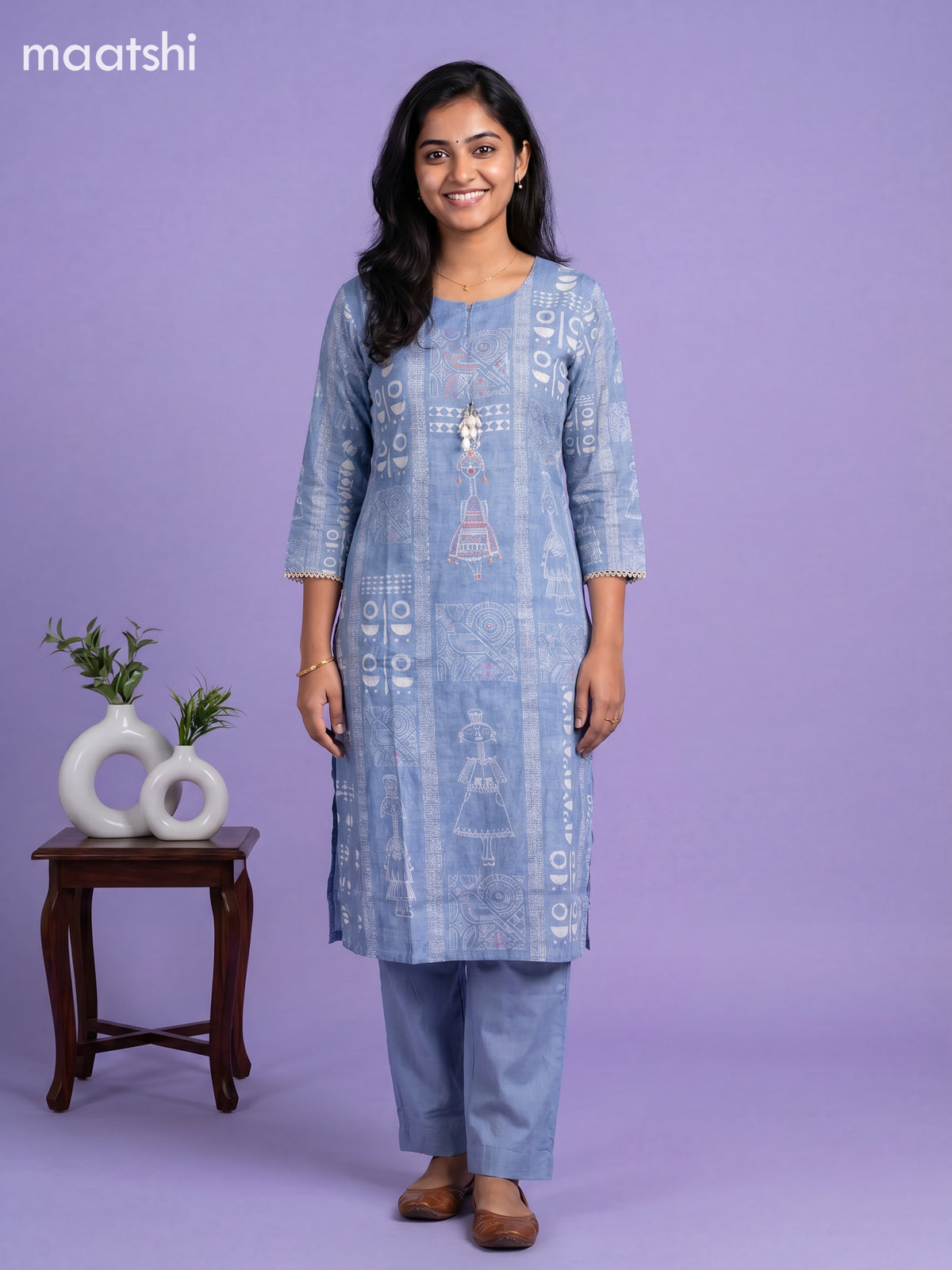 Blue Semi Tussar Printed & Embroidery Work Staright Suit