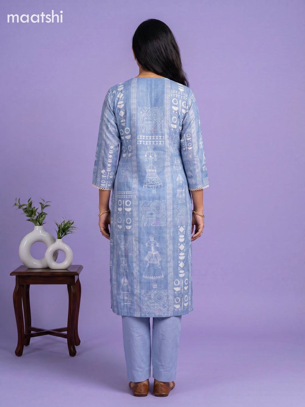 Blue Semi Tussar Printed & Embroidery Work Staright Suit