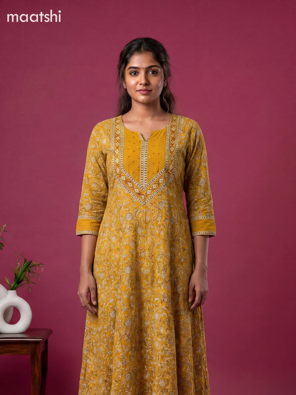Mastard Yellow and Beige Cotton Floral Printed Anarkali Suit