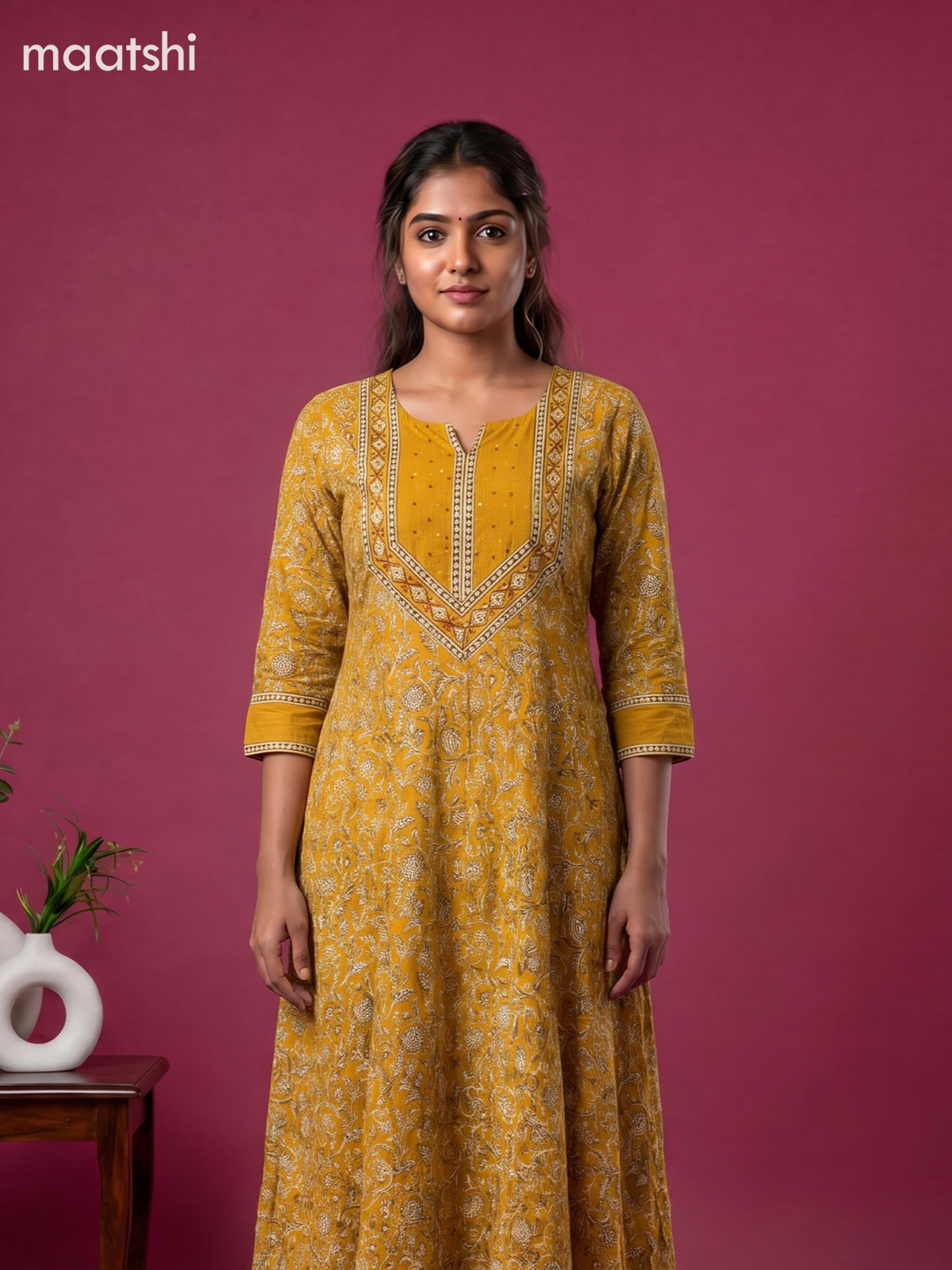Mastard Yellow and Beige Cotton Floral Printed Anarkali Suit