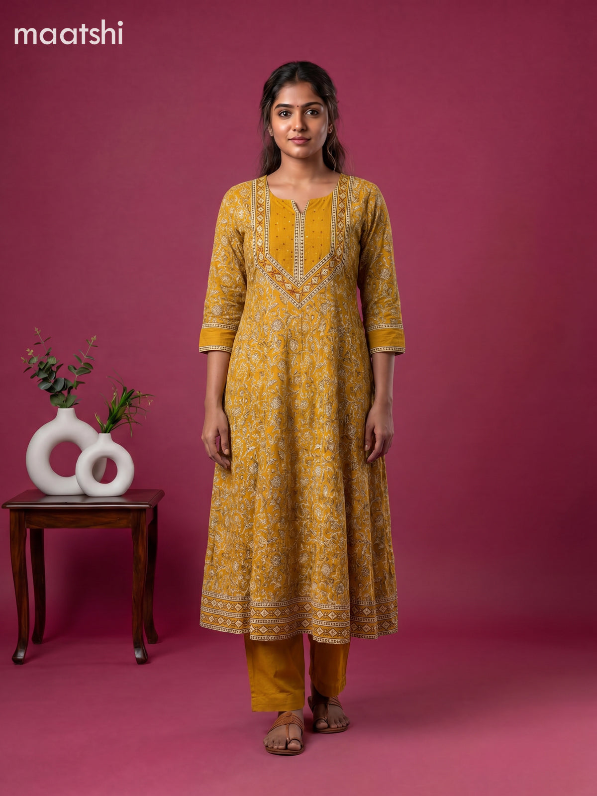 Mastard Yellow and Beige Cotton Floral Printed Anarkali Suit