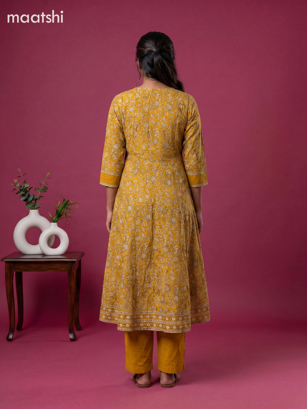 Mastard Yellow and Beige Cotton Floral Printed Anarkali Suit