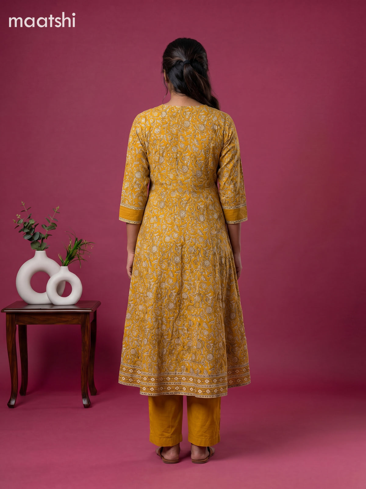 Mastard Yellow and Beige Cotton Floral Printed Anarkali Suit