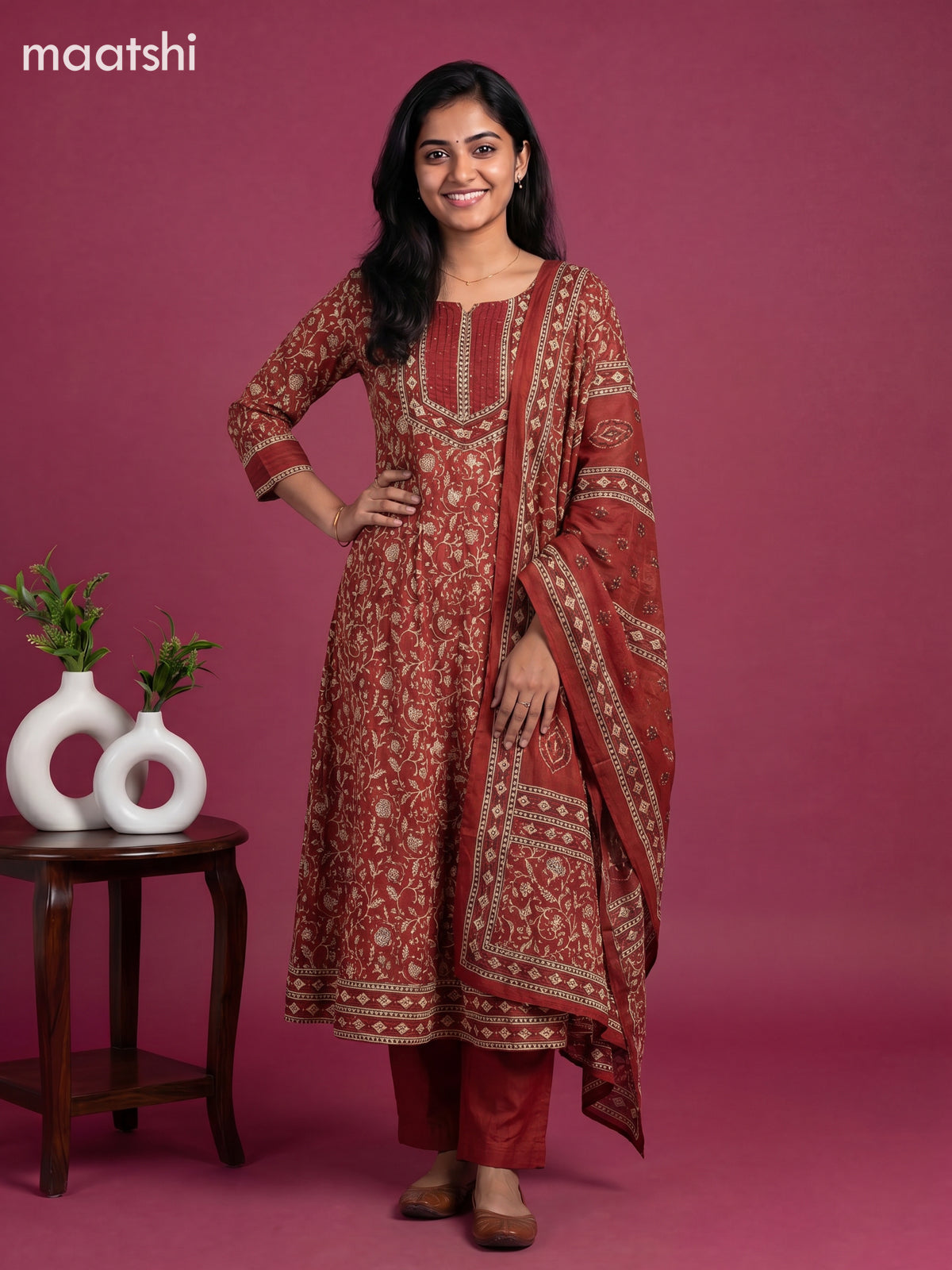 Maroon and Beige Cotton Floral Printed Anarkali Suit