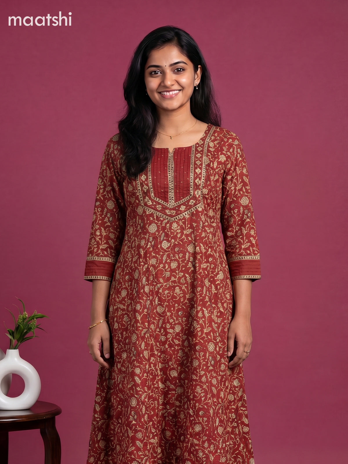 Maroon and Beige Cotton Floral Printed Anarkali Suit