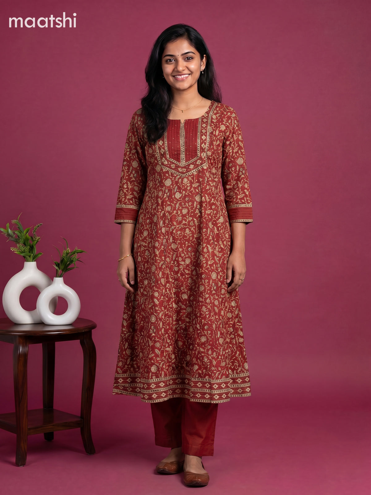 Maroon and Beige Cotton Floral Printed Anarkali Suit